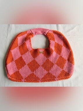 Kopari Pink & Orange Argyle Knit Checked Crocheted Tote Bag